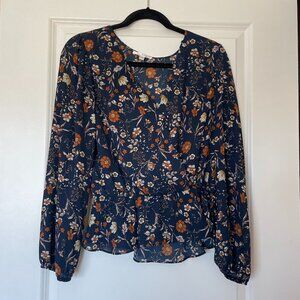 Nine Britton Floral Faux Wrap V Neck Blouse Navy, Size Medium